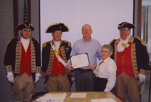 The Harry S. Truman Color Guard is shown here at the Harry S. Truman Chapter 272nd Meeting on February 9, 2008, in Independence, MO. Bruce Matthews, is shown here receiving a Cetificate of Appreciation as guest speaker on February 9, 2008 speaking on the History of Elmwood Cemetery in Kansas City, MO.