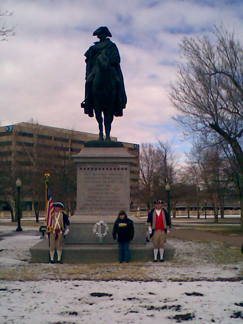 The Corps of Discovery Society Children of the American Revolution, and several local D.A.R. and S.A.R. Chapters celebrated Presidents Day 2008 with a Wreath Laying Ceremony at the Memorial of General George Washington at Washington Square Park in Kansas City, MO.  The MOSSAR and KSSSAR Color Guard is shown here during the ceremony. The statute of General George Washington was originally dedicated on Armistice Day 1925 and rededicated on Armistice Day 1932.