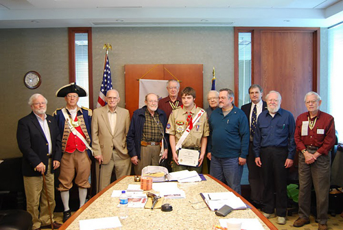 Eagle Scout Joseph Daniel Moss was presented with his SAR certificate and SAR scouting patch by President Dirk Stapleton on April 9, 2011, for his Boy Scout Eagle Scout accomplishment. Eagle Scout Moss’ Court of Honor was 20 February 2011.  His Eagle Scout project consisted of the design and building park benches for a local Veterans of Foreign War post in the Kansas City area.  The local VFW post was very grateful for Eagle Moss's initiative and dedication in completing this Eagle Scout project.