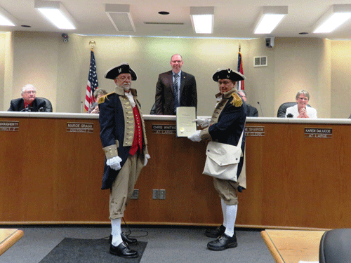 Pictured here is Mayor Pro Tem Chris Whiting, City of Independence, Missouri and the Harry S. Truman Chapter Color Guard, during the presentation ceremony of the U.S. Constitution Day and Citizenship Day Proclamation in the City of Independence, Missouri, on Monday, September 15, 2014.