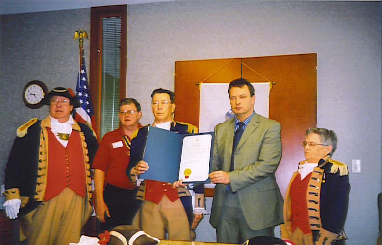 Distinguished guest Missouri Senator Victor E. Callahan (11th Senatorial District), is shown here with Missouri State President MOSSAR President Gerald R. McCoy , Hasry S. Truman President William Hartman and members of the Harry S. Truman Chapter Color Guard team.  Senator Callahan is shown here during a Proclamation presentation at the General meeting on April 14, 2007