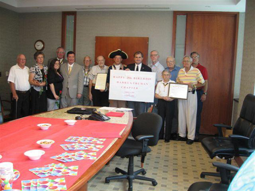 The members of the Harry S. Truman Chapter and Color Gaurd are shown here at the 25th Birthday Celebration on August 8th, 2009.  The Charter date for the Chapter originatated on August 4th, 1984.  Compatriot George DeLapp and Robert L. Grover, are both founding charter members.  The original charter and 25th Year proclamation signed by Independence, MO Mayor Don Reimal were also on display.