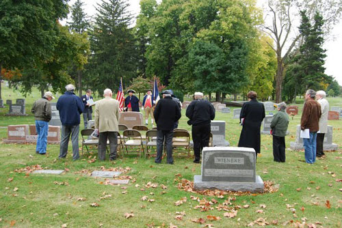 The Harry S. Truman Chapter and Color Guard participated in a SAR Member Grave Marker Dedication for Compatriot Herbert F. Simon at Forest Hill Cemetery, on Saturday, October 10, 2009.  Compatriot Simon was an active member and past Genealogist, Vice-President, and President of the Harry S. Truman Chapter of the Missouri Society, Sons of the American Revolution, and MOSSAR Genealogist from 1996-2000.  Compatriot Larry Loker offered a tribute to Compatriot Simon