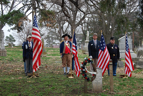 The Harry S. Truman Chapter, along with other local heredity groups including the Captain Daniel Morgan Boone Chapter,Society of the War of 1812; and Westport Camp #64, Sons of Union Veterans of the Civil War; conducted a recognition ceremony for a Civil War Medal of Honor recipient, Private Nathaniel Gwynne, buried at Kansas City’s Union Cemetery.  The ceremony was conducted on National Medal of Honor Day, 25 March 2011.