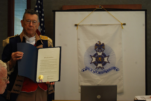 At the February 6, 2012 Independence City Hall Council meeting, Mayor Don B. Reimal signed a Proclamation in recognition of George Washington Day on February 22, 2012.   The signing of the Proclamation was televised on City wide TV 7 at 6:00 pm.   MOSSAR Color Guard Commander Robert L. Grover received the Proclamation after the signing. The Proclamation was displayed before the HST membership at the February 11th, 2012 meeting.