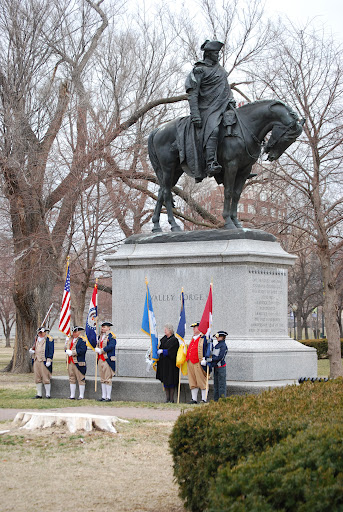 Several local D.A.R. and S.A.R. Chapters, along with the Corps of Discovery Society Children of the American Revolution, celebrated Presidents Day 2012 with a Wreath Laying Ceremony, at the Memorial of General George Washington, at Washington Square Park, in Kansas City, MO. The MOSSAR and KSSSAR Color Guard is shown here during the ceremony. Missouri DAR State Regent Donna Green Nash, presented the Wreath in the center photo.