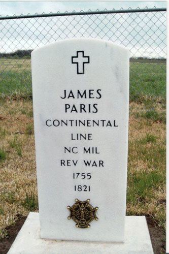 Grave maker of Revolution War Patriot James Paris, (1755-1821), which is located on Route O between Hannibal, Missouri and New London, Missouri.