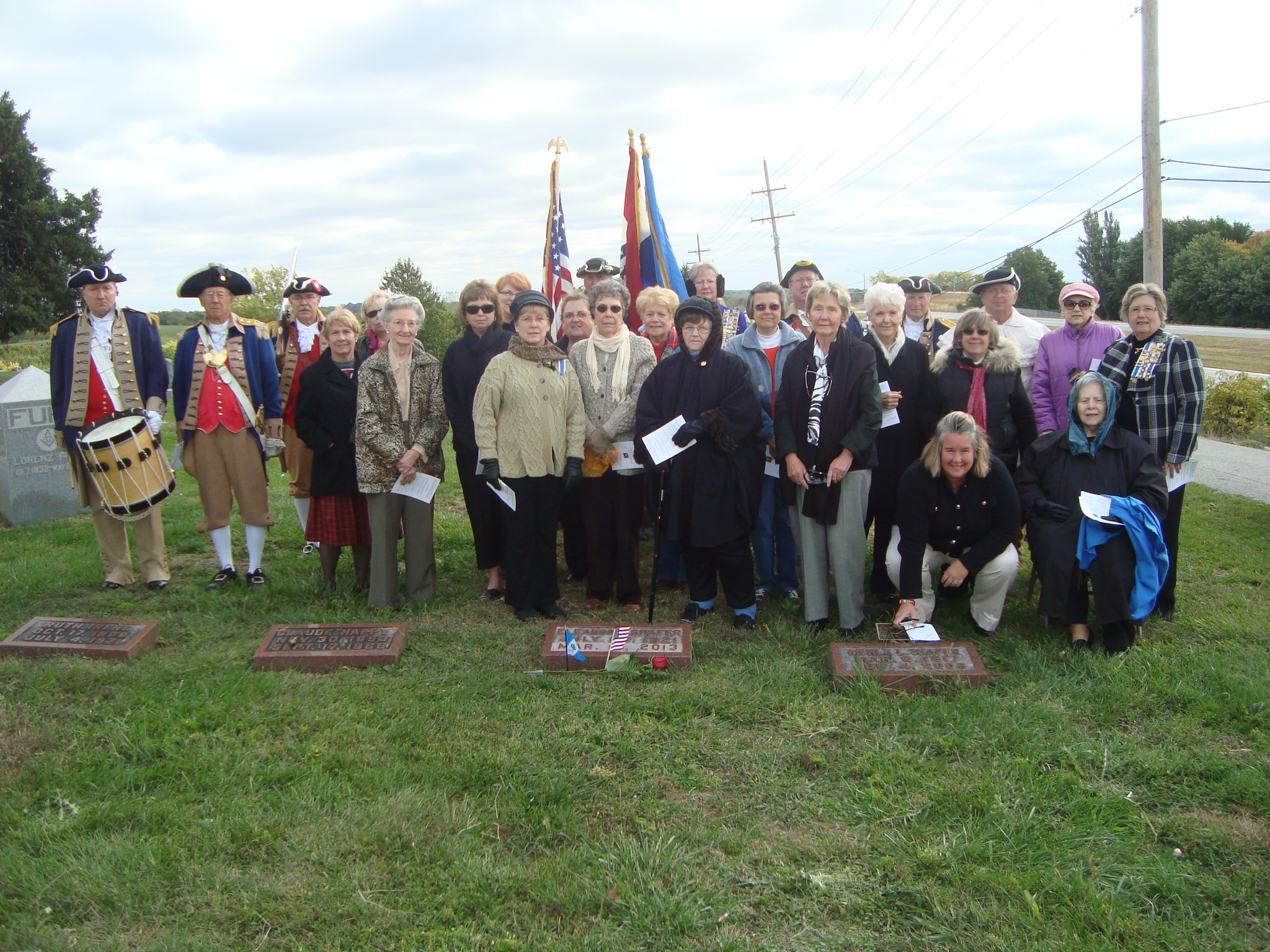 Pictured here is the MOSSAR Color Guard team at a Grave Marking for Eleanor Jean Creason Shafer, an Independence Pioneers Chapter DAR Chapter member who is buried at Salem Cemetery in Independence, Missouri. The MOSSAR Color Guard team is shown here on Wednesday, October 16, 2013.
