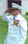 United States Marine Corps General Raymond Gilbert Davis, shown here presenting arms during the wreath-laying ceremony event at the Harry S. Truman Library in Independence, MO on August 5, 2000 at 11:00 AM. General Davis was recognized by the Harry S. Truman Appreciation Society and was a guest speaker for this event