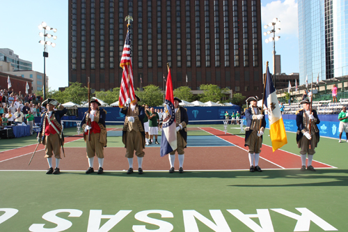 Shown here are both the MOSSAR and KSSSAR Color Guard Teams, who participated in the opening ceremonies of the Kansas City Explorers World Team Tennis (WTT) Matches. The MOSSAR and KSSSAR Color Guard Teams presented the National and SAR Colors at the WTT matches, held at Barney Allis Plaza in Kansas City, MO on four separate occasions including July 8, 16, 18, and 25th, 2010.