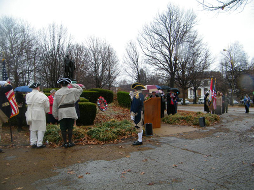 Brigadier General Stephen Baldwin, MOSSAR Eastern Color Guard Commander, is shown here with the MOSSAR Color Guard at Lafayette Park durimg the Presidemts Day Ceremomy on Momday, February 21st, 2011. Approximately 50 people attended including several DAR Chapters; CAR; and two SAR Chapters.