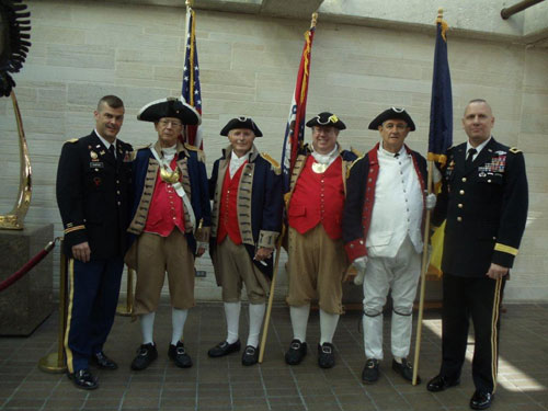 The MOSSAR Color Guard team is shown here participating directly after the wreath-laying ceremony event, which was presented at President Truman's grave.   Brigadier General Scott Thoele, Deputy Commander, Fort Leavenworth, KS and Aide Major Dan Runyon are also shown here. Each Color Guard member received a Challenge Coin from Brigadier General Thoele.